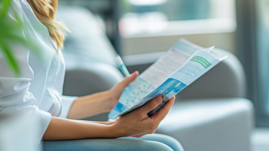 Frau sitzt in einem modernen Wartezimmer und liest eine Broschüre oder ein Informationsblatt – Fokus auf Gesundheits- oder Bildungsthemen.