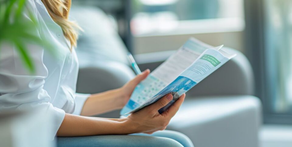 Frau sitzt in einem modernen Wartezimmer und liest eine Broschüre oder ein Informationsblatt – Fokus auf Gesundheits- oder Bildungsthemen.