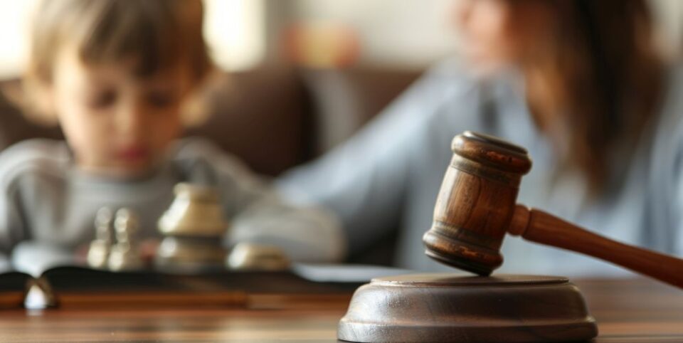 Richterhammer auf einem Tisch mit unscharfem Hintergrund, auf dem ein Kind und eine Frau zu sehen sind – Fokus auf rechtliche Angelegenheiten wie Sorgerecht oder Familienrecht.