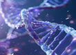3D-Illustration einer schimmernden DNA-Helix in blau-violettem Licht mit Partikeln im Hintergrund – Fokus auf Genetik und Molekularbiologie.