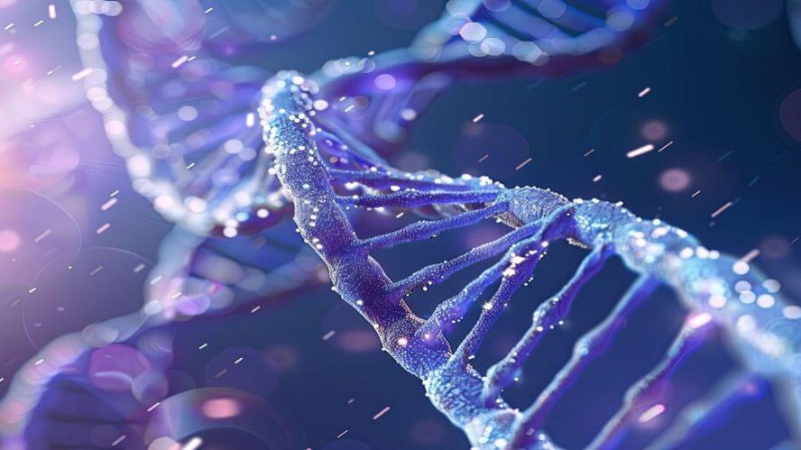 3D-Illustration einer schimmernden DNA-Helix in blau-violettem Licht mit Partikeln im Hintergrund – Fokus auf Genetik und Molekularbiologie.