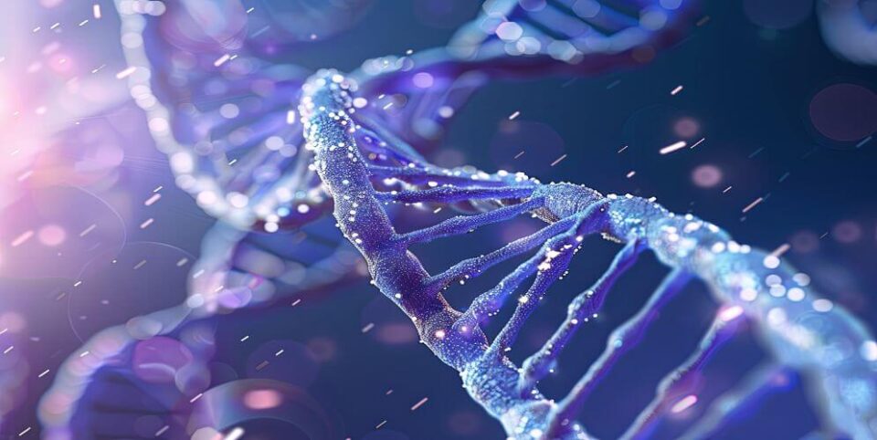3D-Illustration einer schimmernden DNA-Helix in blau-violettem Licht mit Partikeln im Hintergrund – Fokus auf Genetik und Molekularbiologie.