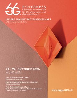 Plakat des 66. Kongresses der Deutschen Gesellschaft für Gynäkologie und Geburtshilfe e.V. (DGGG) mit dem Titel „Unsere Zukunft mit Wissenschaft – Die Frau im Blick“, 21.–24. Oktober 2026 in München.